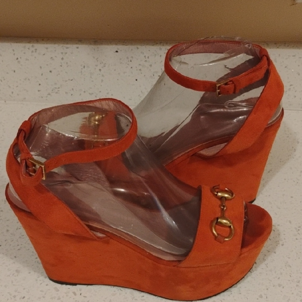 Gucci Orange Wedge Sandals with Ankle Strap Size 38.5 Women